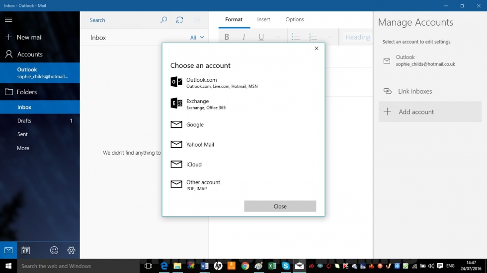 Setting up Mail and Calendar in Windows 10 screenshot