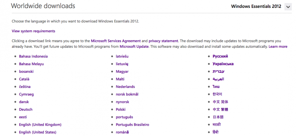 Download different language versions of Windows Essentials 2012