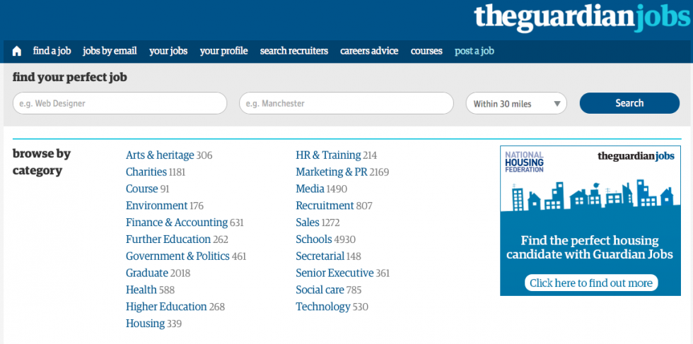 Guardian jobs homepage