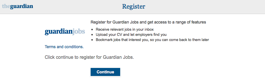 Guardian jobs registration page