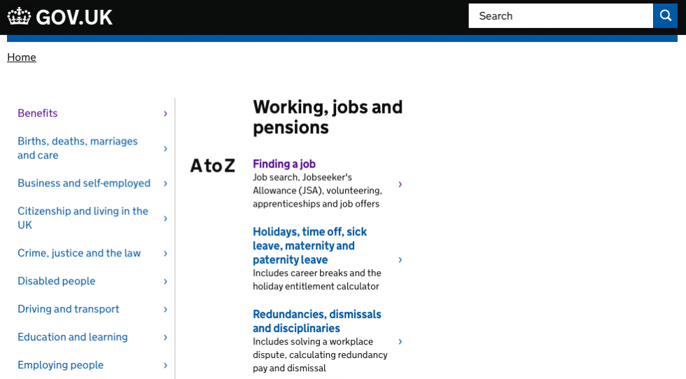 Working, jobs and pensions page on Gov.uk