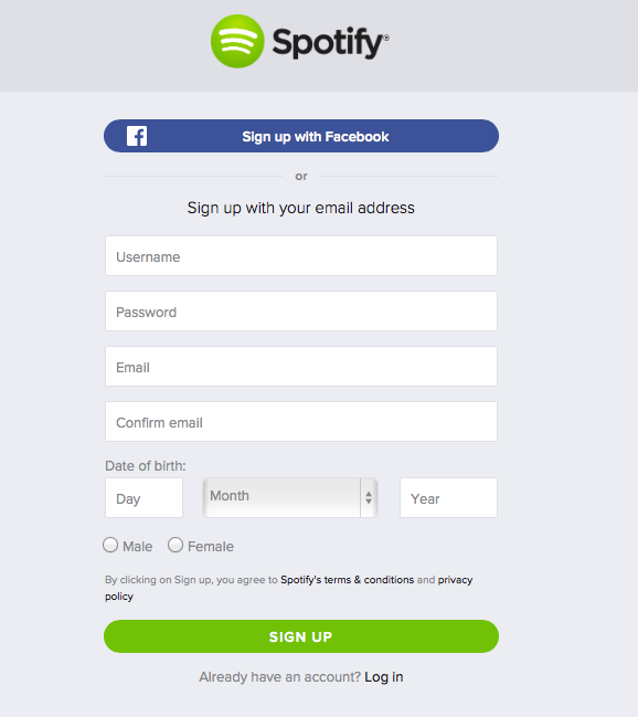 Signing up option for Spotify