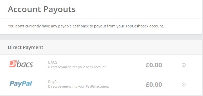 picture of an accounts payout page on topcashback 