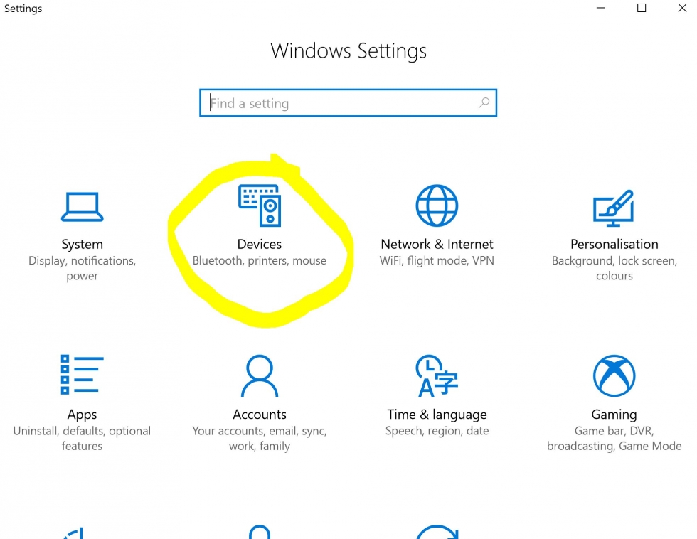picture of the settings area in windows 10