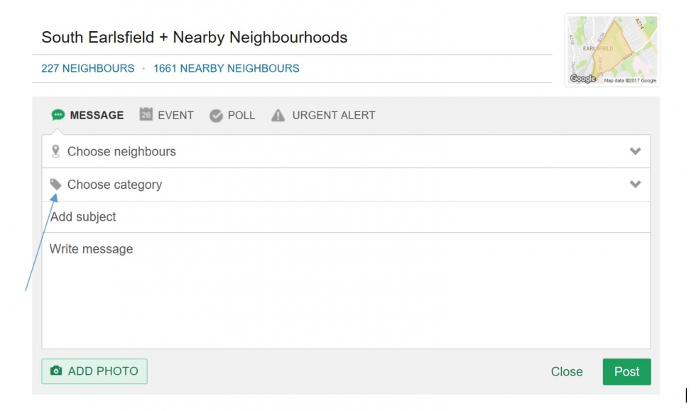 Post a message to youe neighbours by adding a catagory, subject and message to your post 