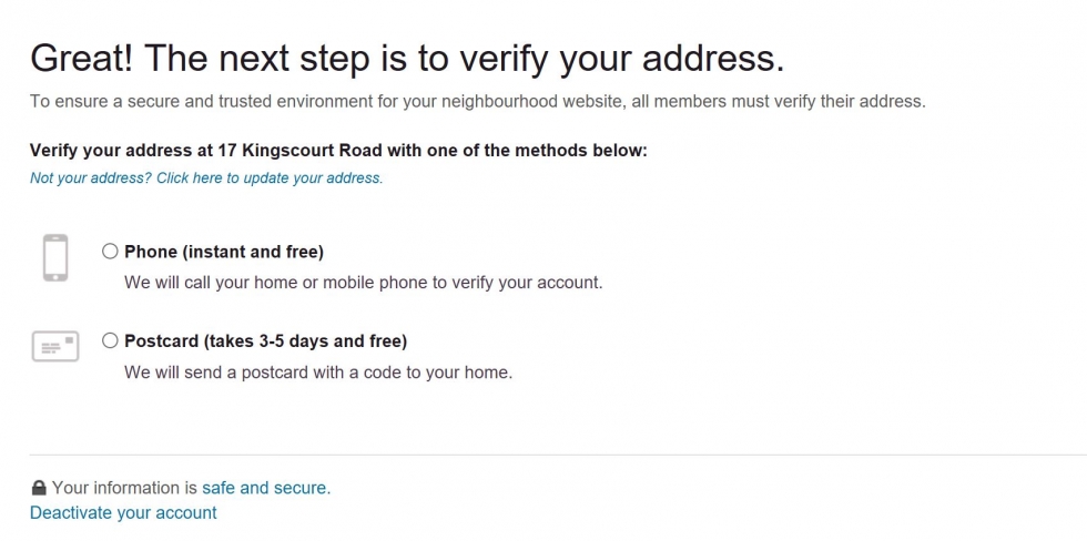 Verify your address by using phone or postcard 