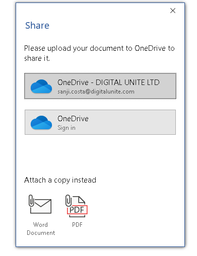 Screenshot of Microsoft Word Share options